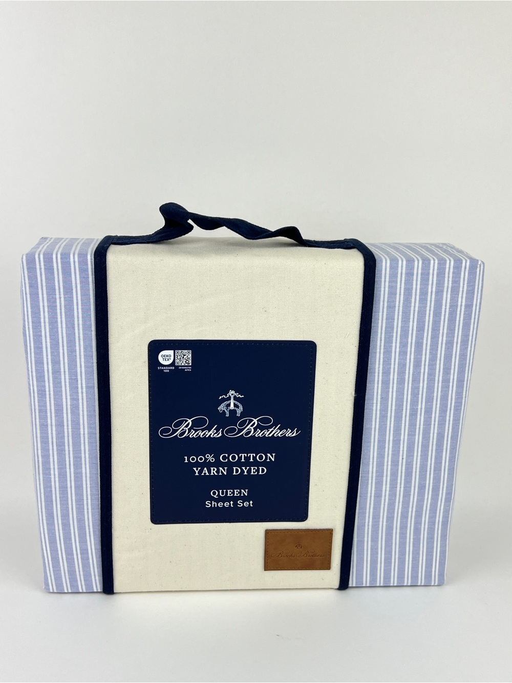 4 Pc Brooks Brothers Queen Sheet Set Blue White Striped Cotton Yarn Dyed NEW